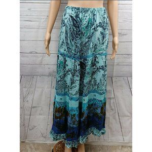 Forbidden Vintage Floral Boho Turquoise Beaded Elastic Waist Maxi Skirt - L
